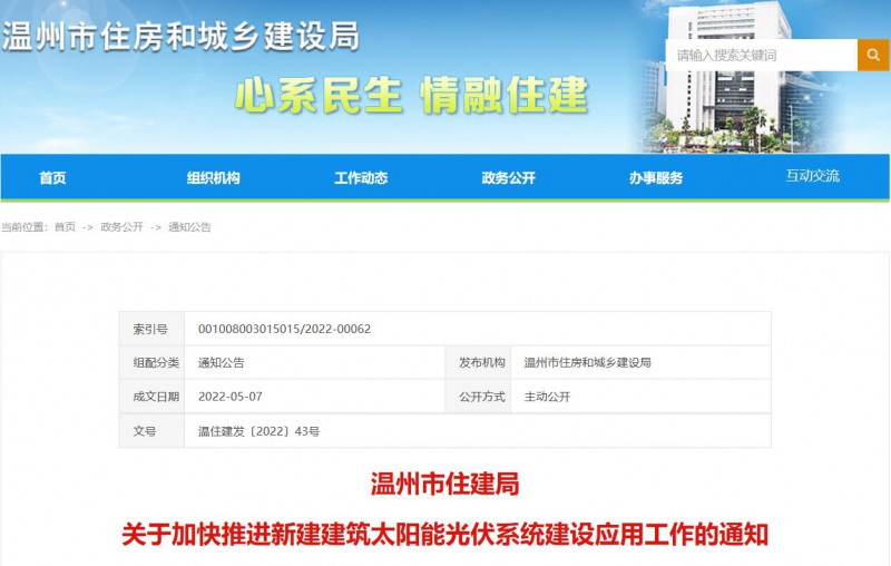 浙江溫州：政府、國企投資建筑光伏占比不低于12%，其他公共建筑不低于10%！