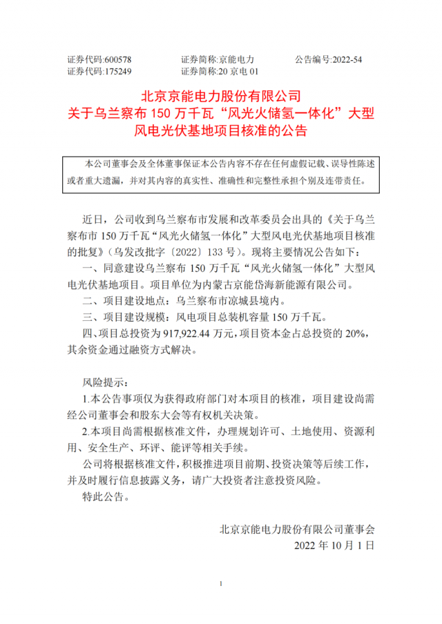 京能電力150萬千瓦“風光火儲氫”基地獲批！